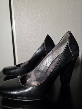 Star Ling Women's Black Leather Round-Toe Pumps with Block Heel Size 5